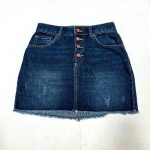 Roxy Denim Mini Skirt Womens Size S Blue Button Fly Frayed Hem Beach Boho Casual